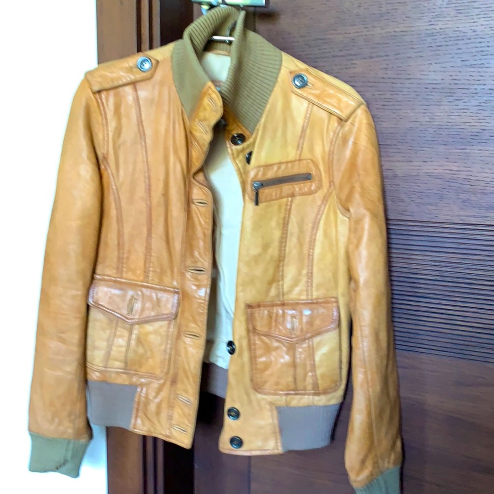 UNISEX RICK CARDONA NEW YORK camel cognac leather jacket, ribbed collar, cuffs. - Picture 3 of 14
